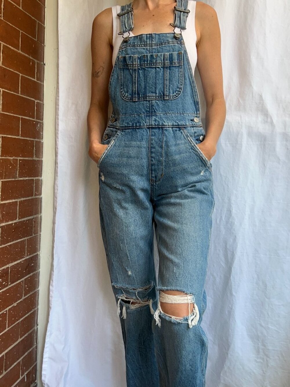 Abercrombie & Fitch Distressed Denim Overalls XXS